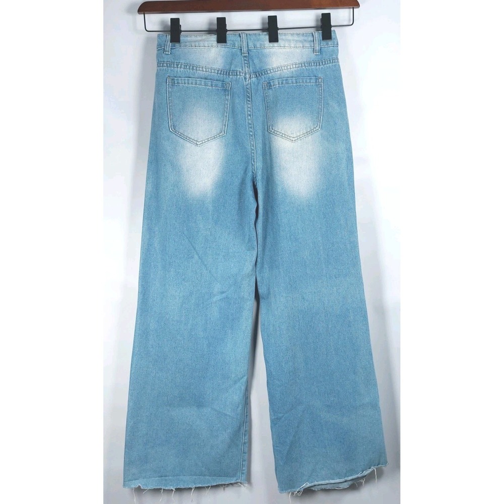 Shein Womens High Waist Wideleg Straight Jeans Sz L Distressed Pockets Lt Blue - Picture 6 of 8